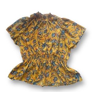 Toxik Mustard Yellow Floral High Neck Smocked Waist Blouse Women's Sz 2X Office